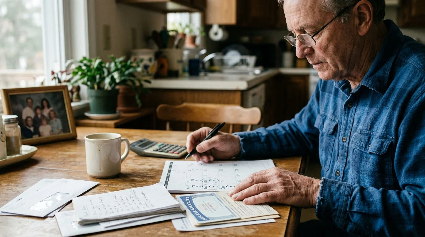 Senior man sitting at a kitchen table reviewing paperwork, a calculator, and a Social Security card.