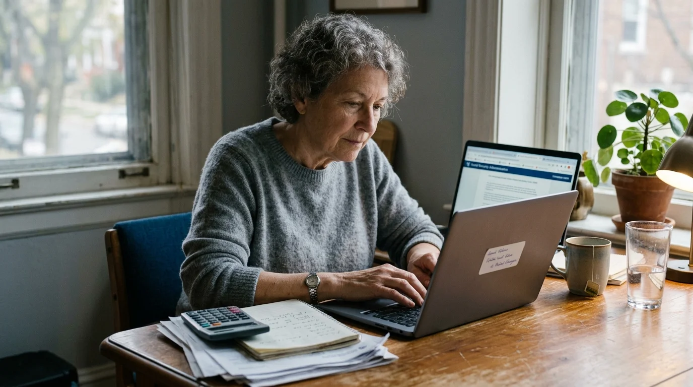 An older woman works on a laptop at a wooden desk beside a calculator, papers, and a window.
