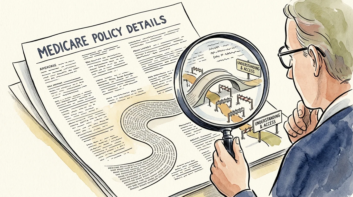 Man using a magnifying glass to read a document titled Medicare Policy Details.