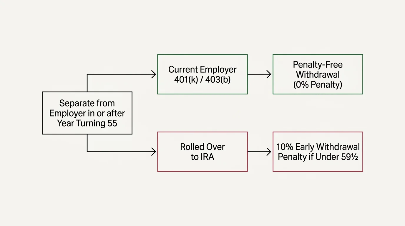 Flowchart comparing penalty-free withdrawals from employer plans versus a 10% penalty when rolled over to an IRA.