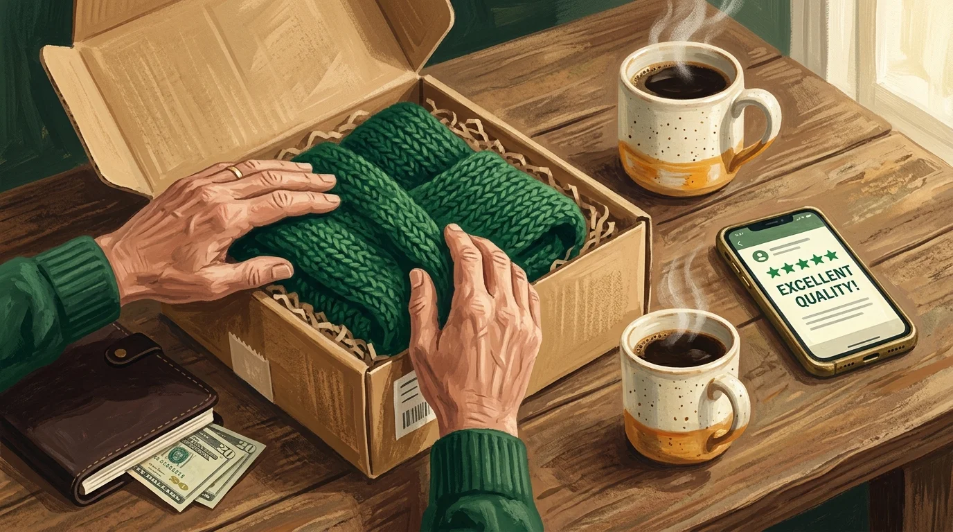 Gouache illustration of retiree's hands packing a hand-knit green scarf into a shipping box next to a warm mug and positive phone review.
