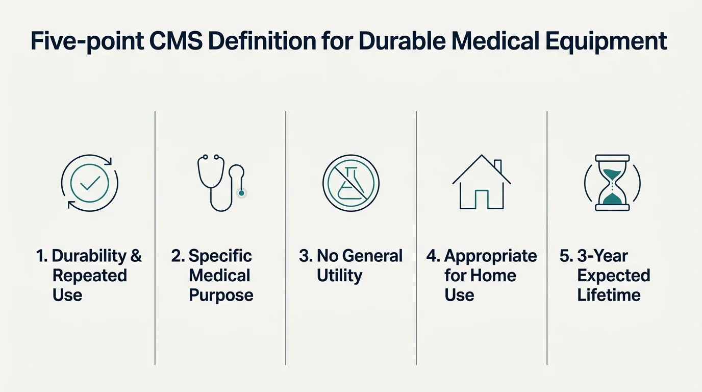 Horizontal 5-step diagram showing the CMS criteria for durable medical equipment: durability, medical purpose, no general utility, home use,