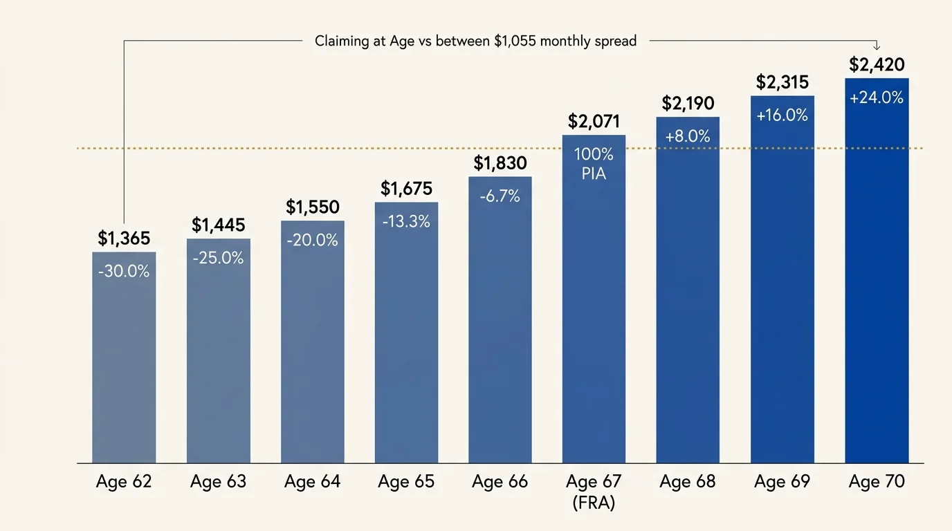 Bar chart showing Social Security payouts rising from $1,365 at age 62 to $2,420 at age 70 across claiming ages.