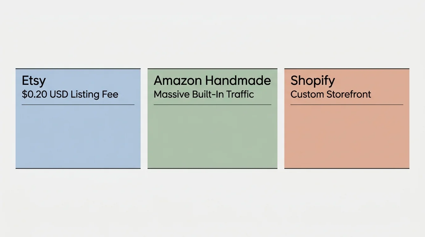 Horizontal infographic comparing Etsy listing fees, Amazon Handmade traffic, and Shopify custom storefront models.