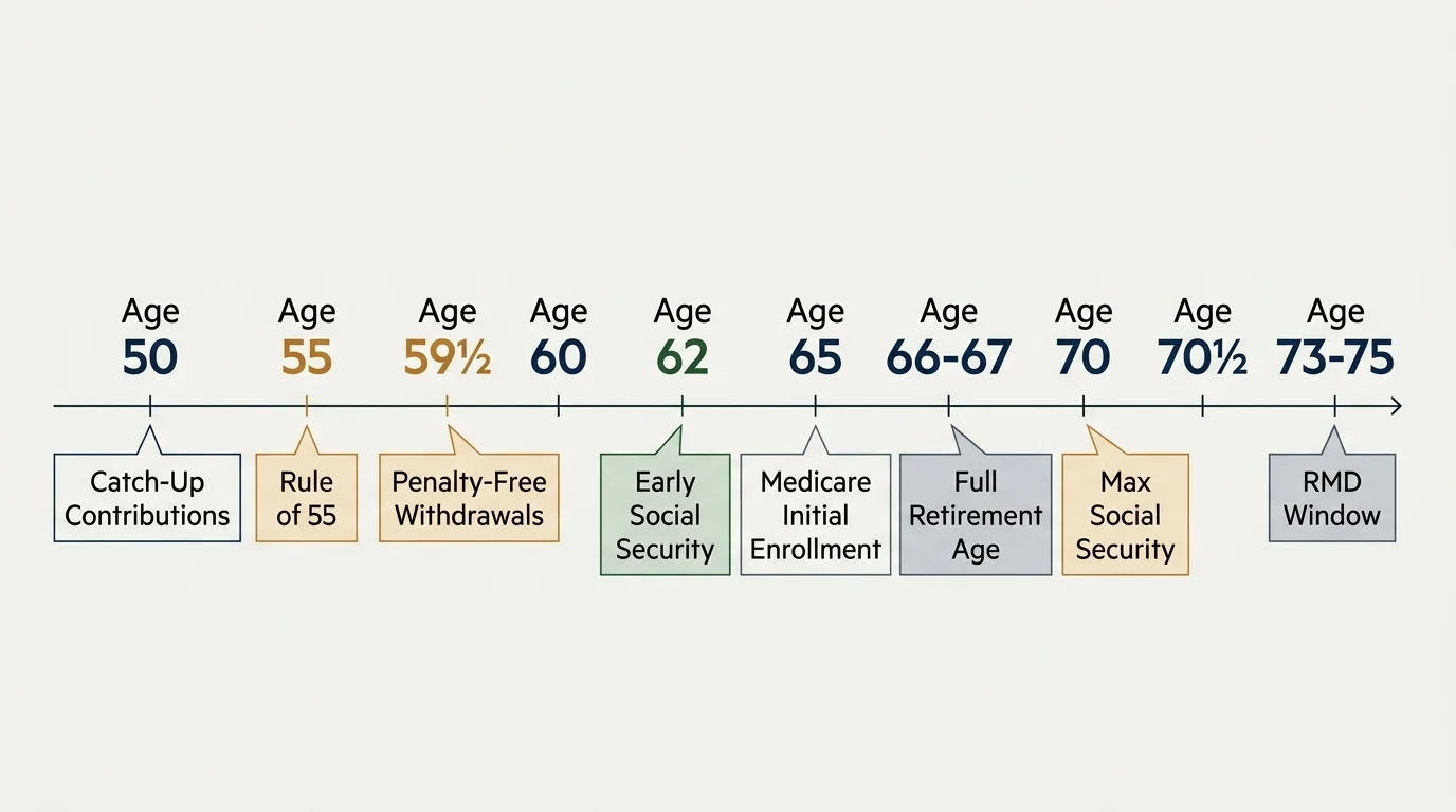 Horizontal timeline highlighting retirement milestone ages from 50 to 73-75 and their key financial events.