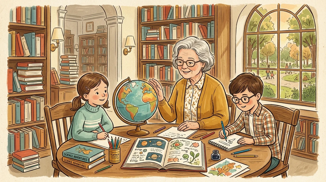 Illustration of an older woman sitting at a library table with two children studying open books and a desk globe.