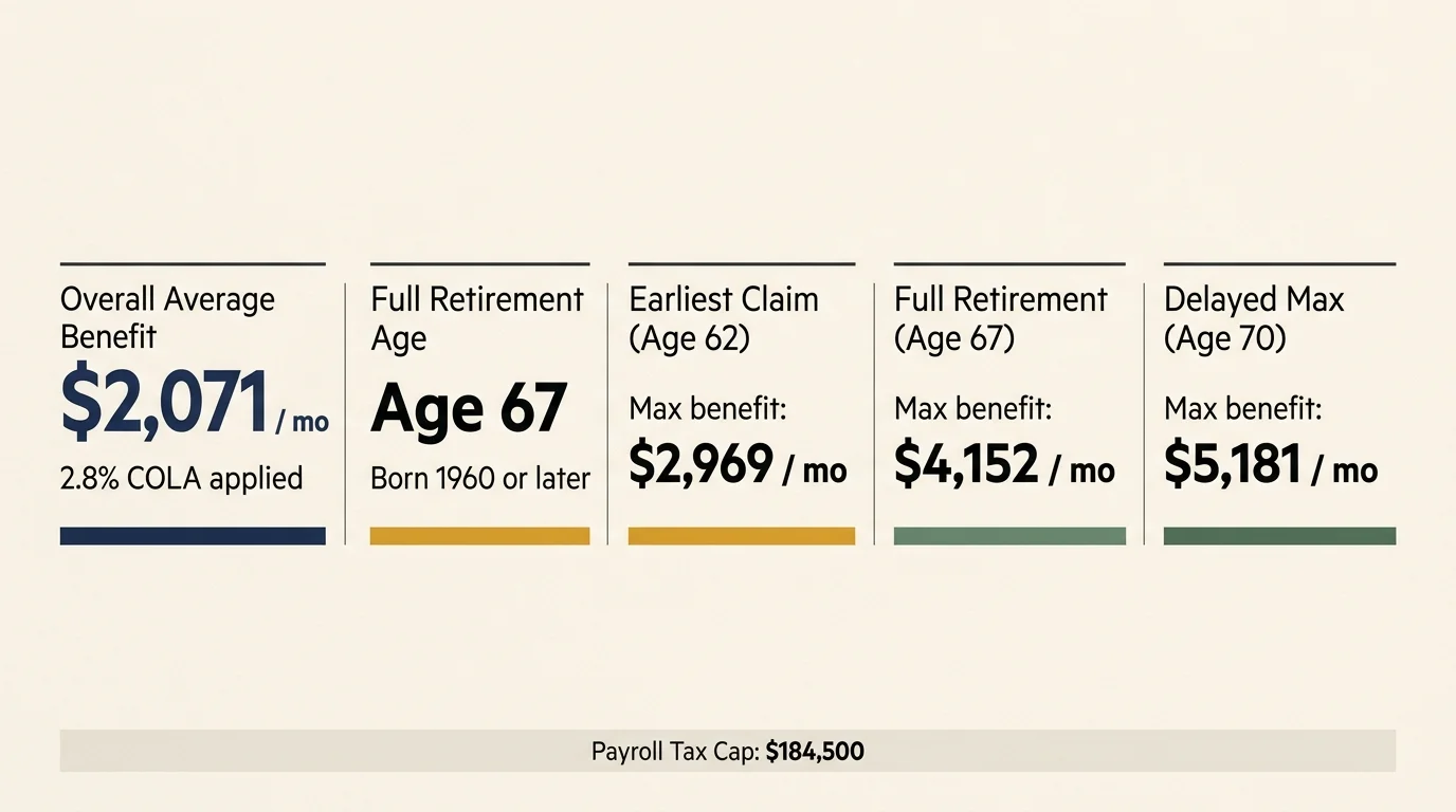 Infographic showing 2026 Social Security benchmarks including average benefits and maximum payouts by claim age.