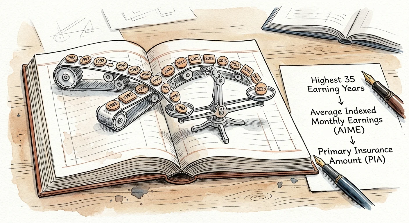 Illustration of a conveyor belt and scale on an open ledger beside a Social Security calculation diagram.