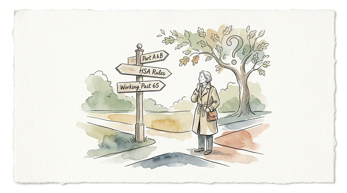 Watercolor of a woman at a crossroads looking at a signpost pointing to Part A and B, HSA Rules, and Working Past 65.