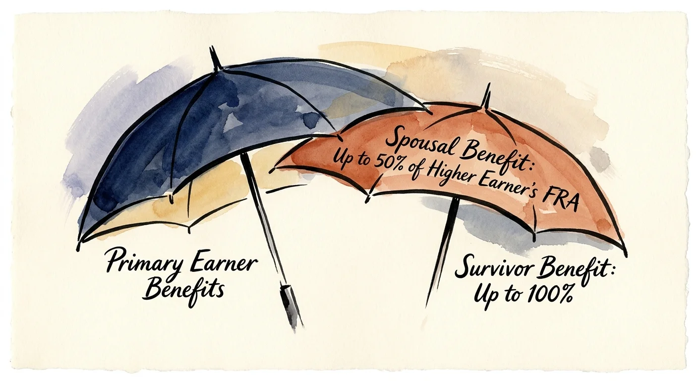Watercolor illustration of two umbrellas labeled with primary earner, spousal, and survivor benefit rules.