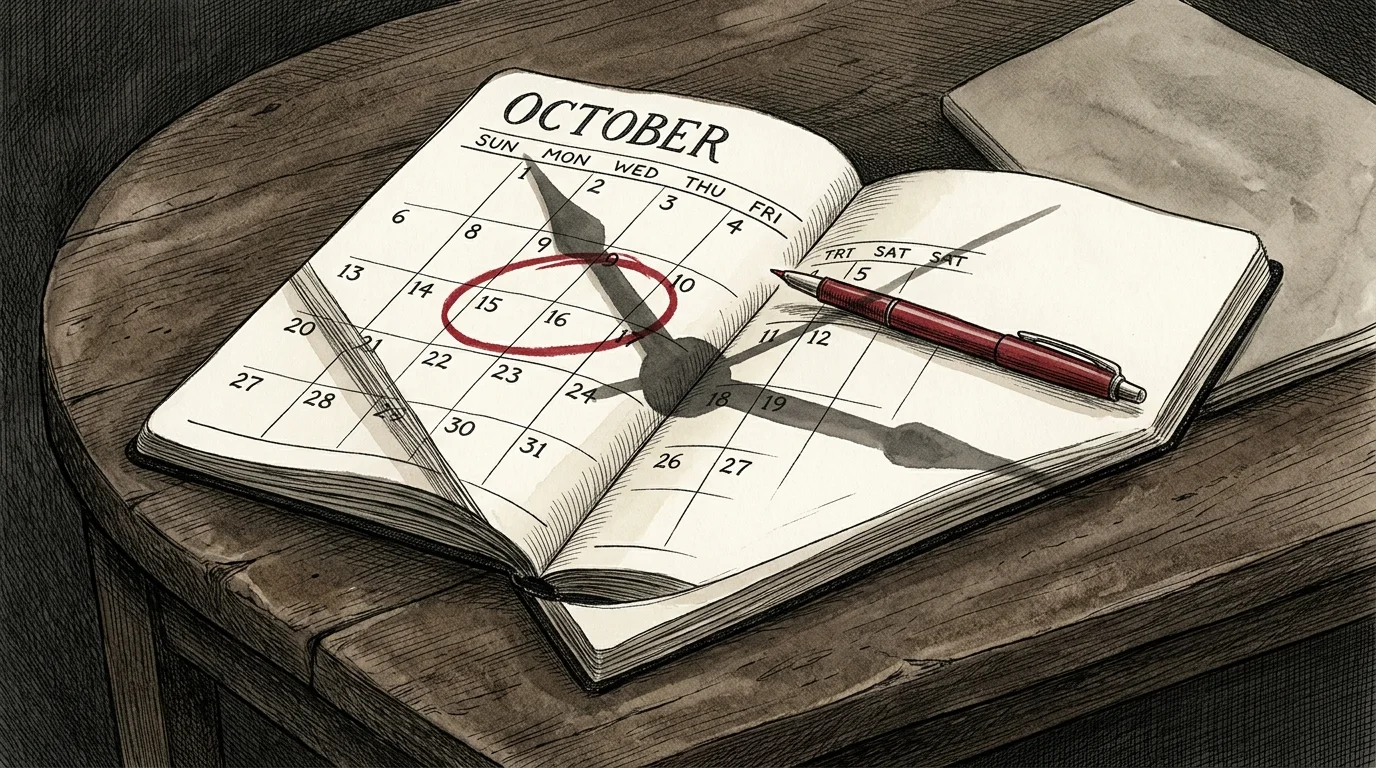 Ink and watercolor illustration of a calendar with a circled date covered by the shadow of clock hands.