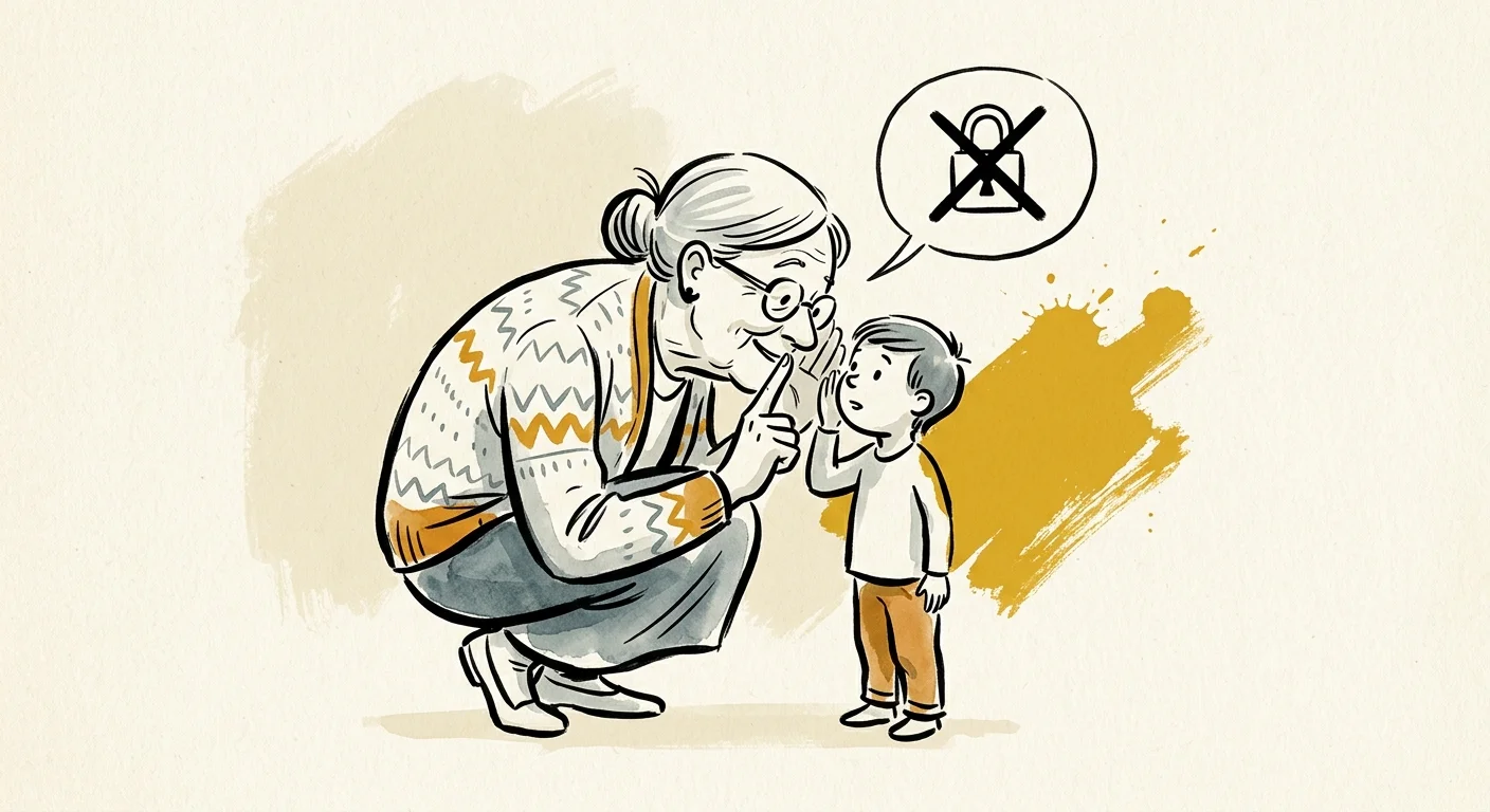 Ink and watercolor illustration of a grandmother making a shushing gesture to a child, symbolizing the pitfall of secret-keeping.