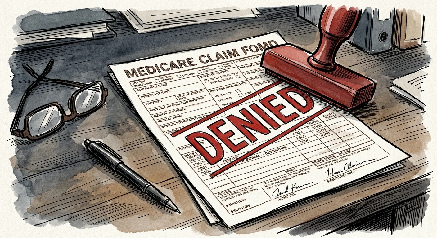 Ink and watercolor illustration of a medical claim form stamped with 'DENIED' next to a pair of glasses on a desk.