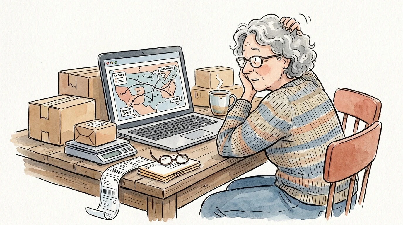 Ink and watercolor illustration of a retiree looking puzzled at a laptop screen showing complex shipping zones next to shipping boxes.