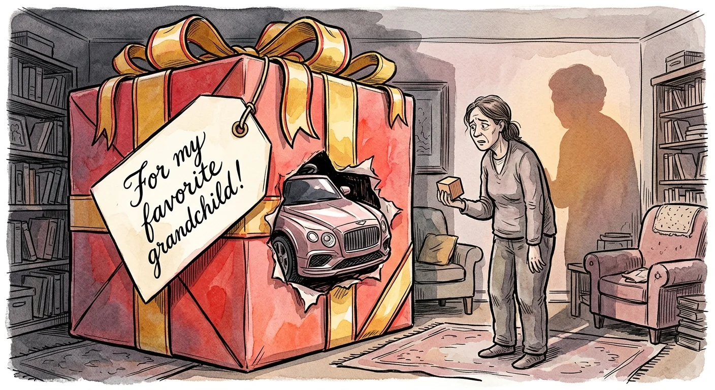 Ink and watercolor illustration of an oversized, extravagant gift box overwhelming a small apartment living room.