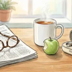 Ink and watercolor illustration of reading glasses, an apple, and a hearing aid case on a wooden table.