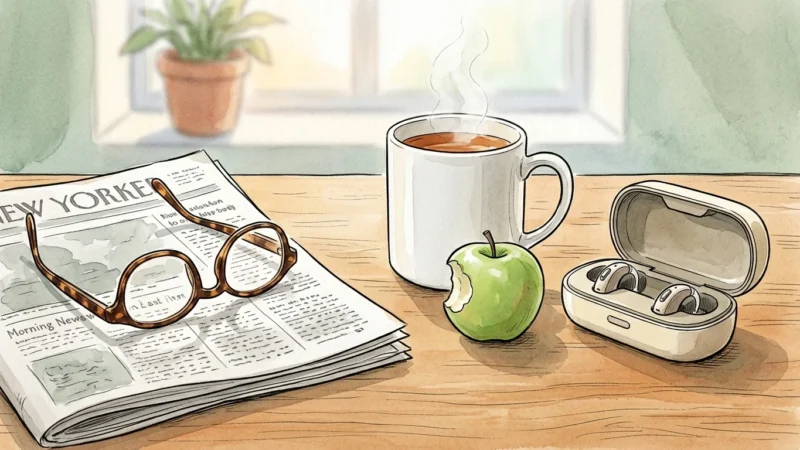 Ink and watercolor illustration of reading glasses, an apple, and a hearing aid case on a wooden table.