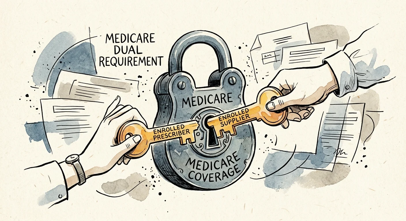 Ink and watercolor illustration of two keys labeled 'Enrolled Prescriber' and 'Enrolled Supplier' unlocking a padlock.
