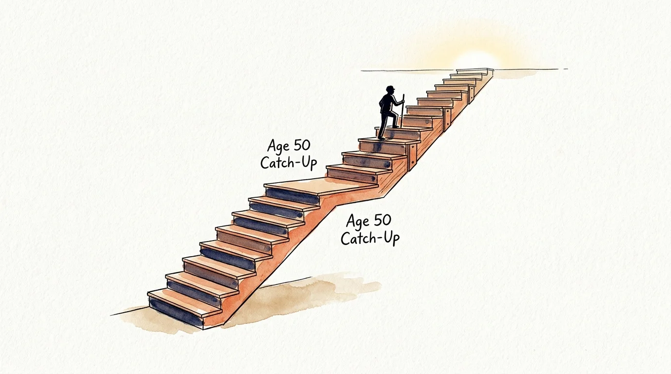 Illustration of a person climbing a wooden staircase labeled Age 50 Catch-Up toward a glowing horizon.