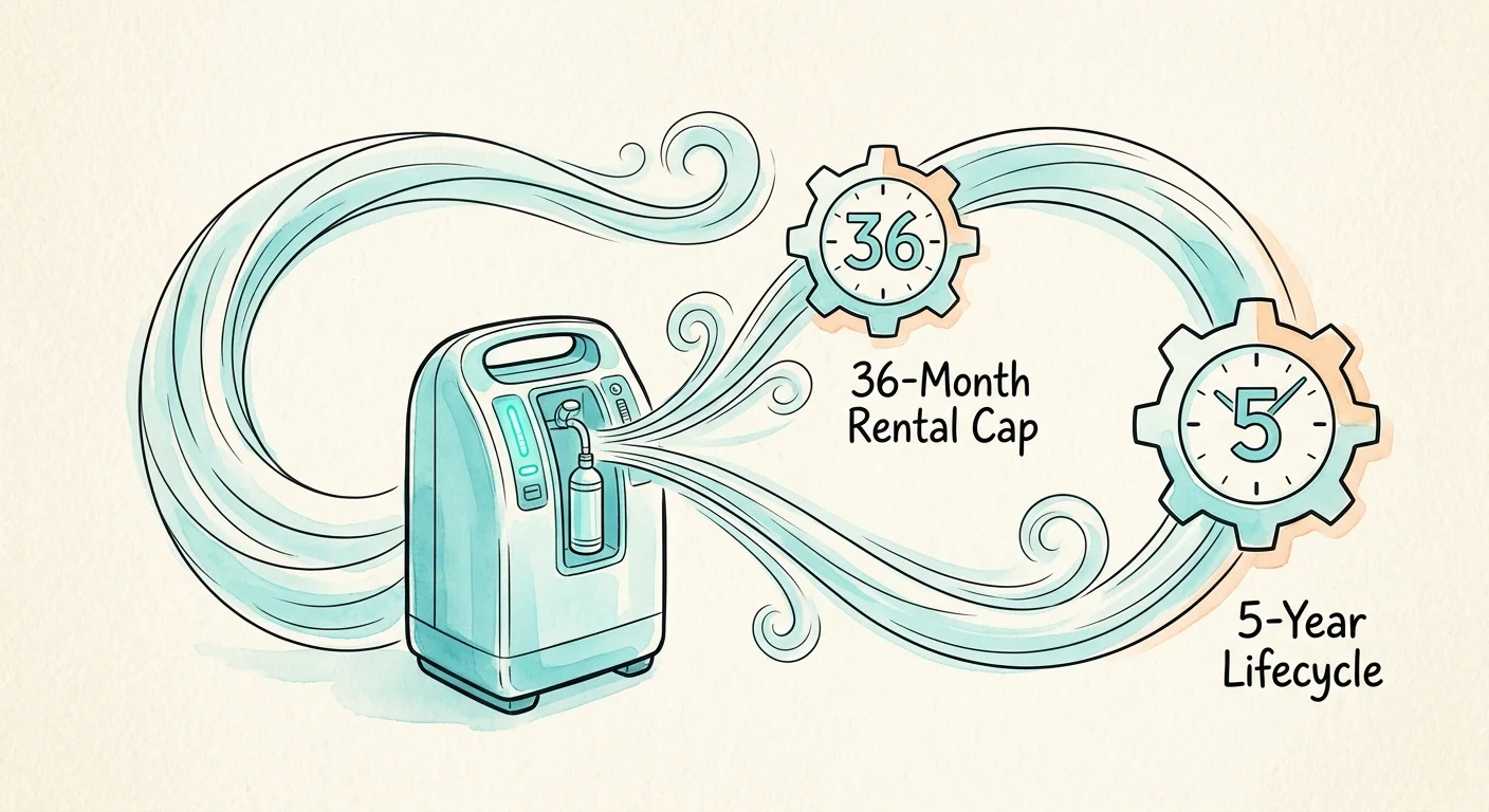 Ink and watercolor illustration showing an oxygen concentrator with circular flow lines labeled '36-Month Rental Cap' and '5-Year Lifecycle'