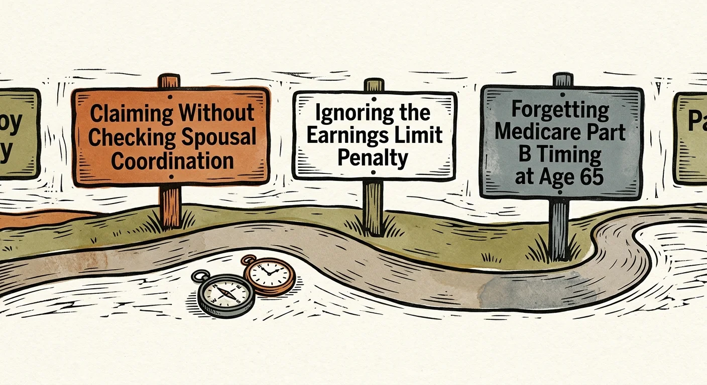 Wooden signs along a winding path listing retirement mistakes, with a compass and pocket watch in the foreground.