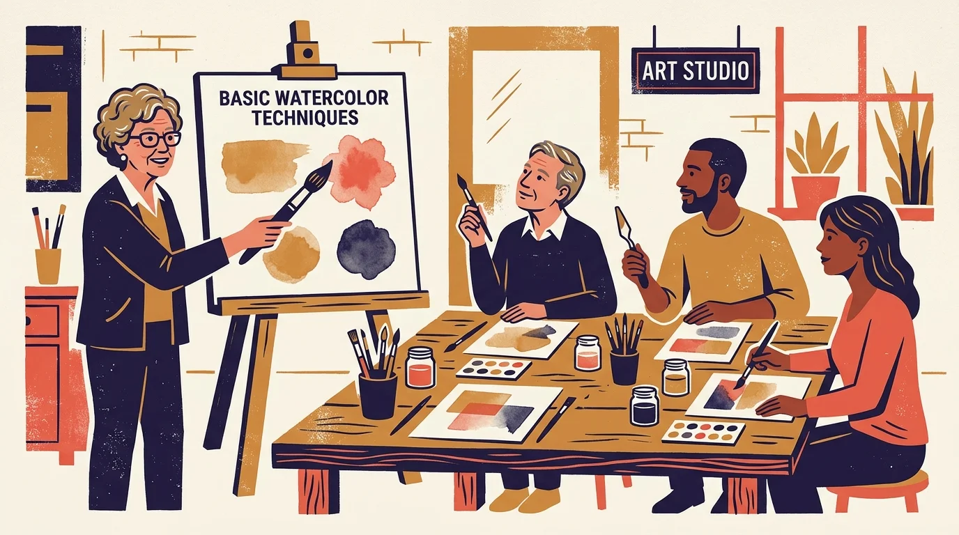 Illustration of a senior instructor teaching a watercolor painting workshop to three adult students in an art studio.
