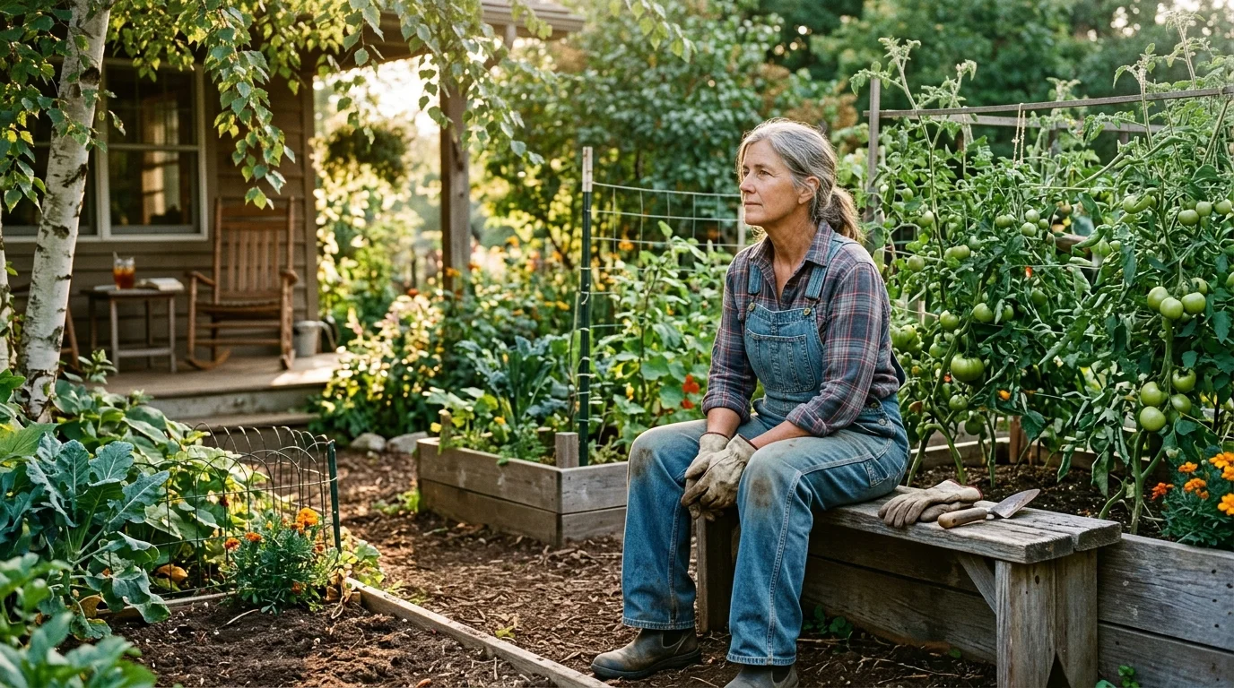 An older woman in denim overalls sits on a wooden bench in a lush vegetable garden beside raised plant beds.