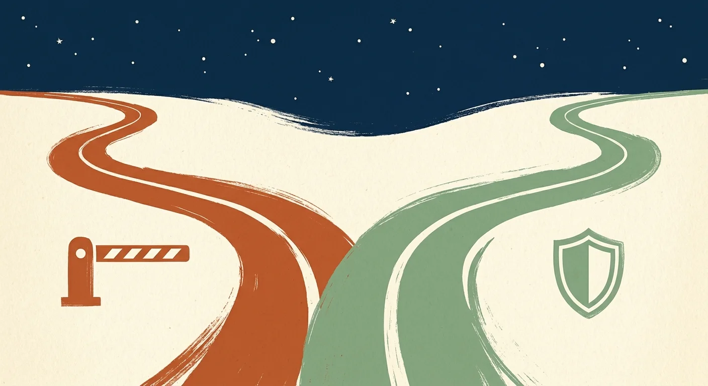 Mid-century modern illustration of a fork in the road representing the choice to dispute a benefit suspension notice.