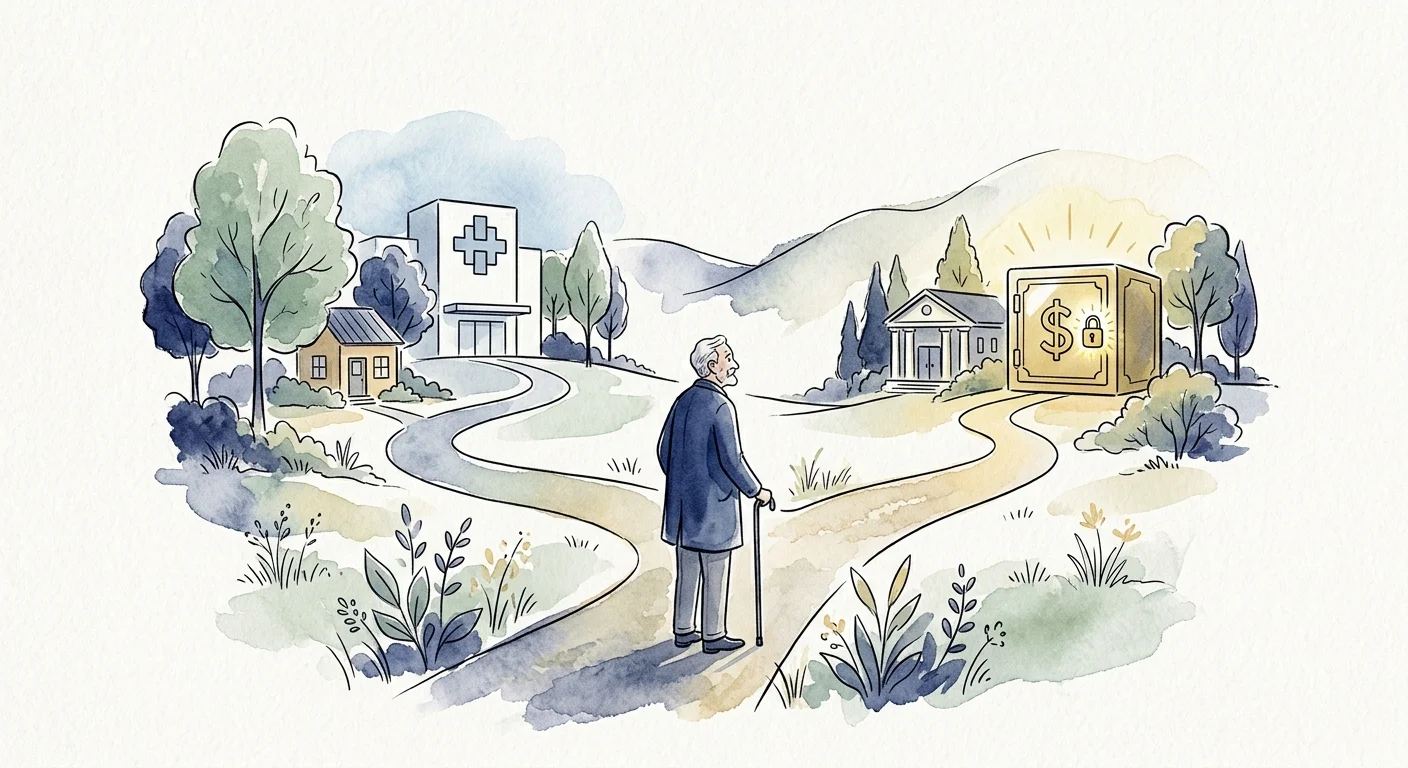 Minimalist watercolor illustration of a person choosing a path between a medical shield and a financial vault.
