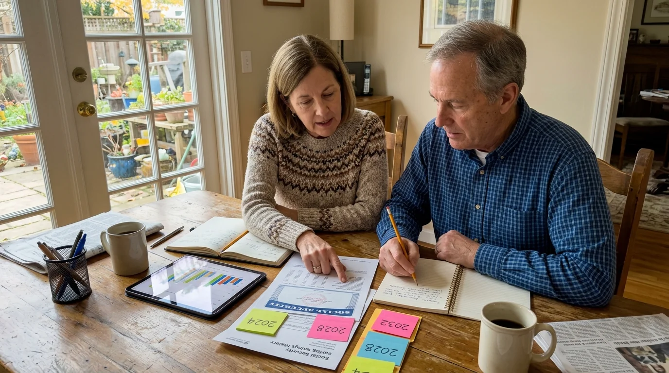 A mature couple sits at a dining table reviewing Social Security paperwork, notebooks, and a tablet.