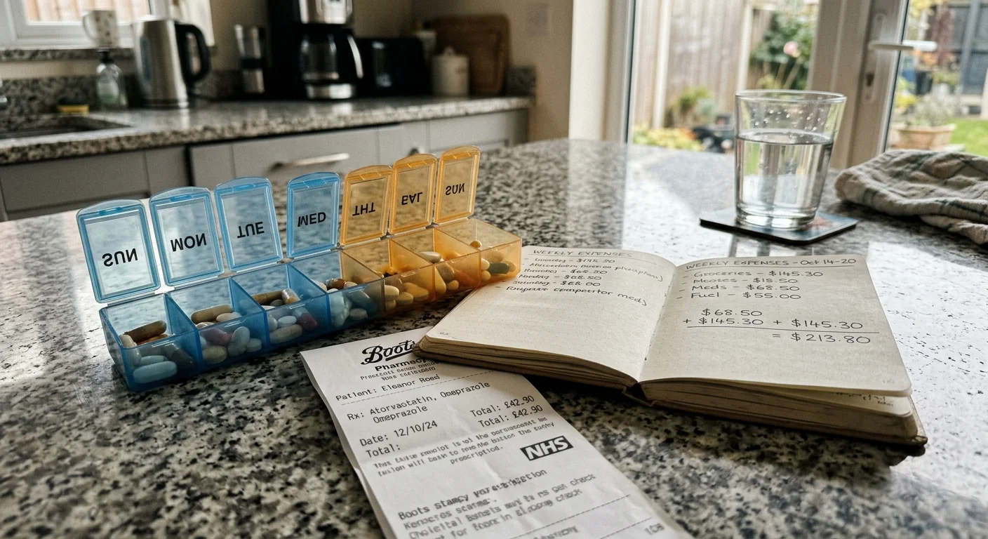 A weekly pill organizer, handwritten budget notebook, receipt, and glass of water rest on a kitchen countertop.