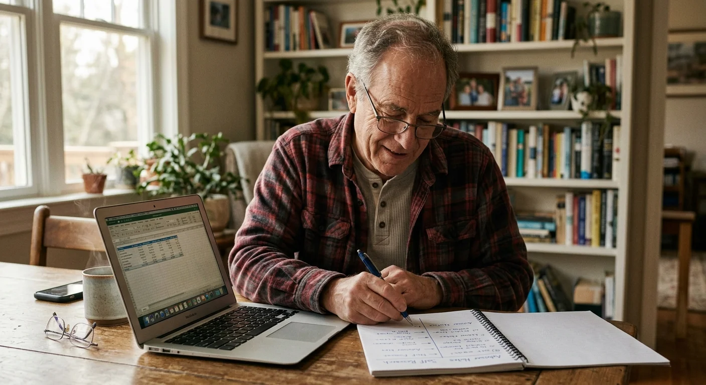 A senior man writes in a notebook while working on a laptop at a wooden table in front of full bookshelves.