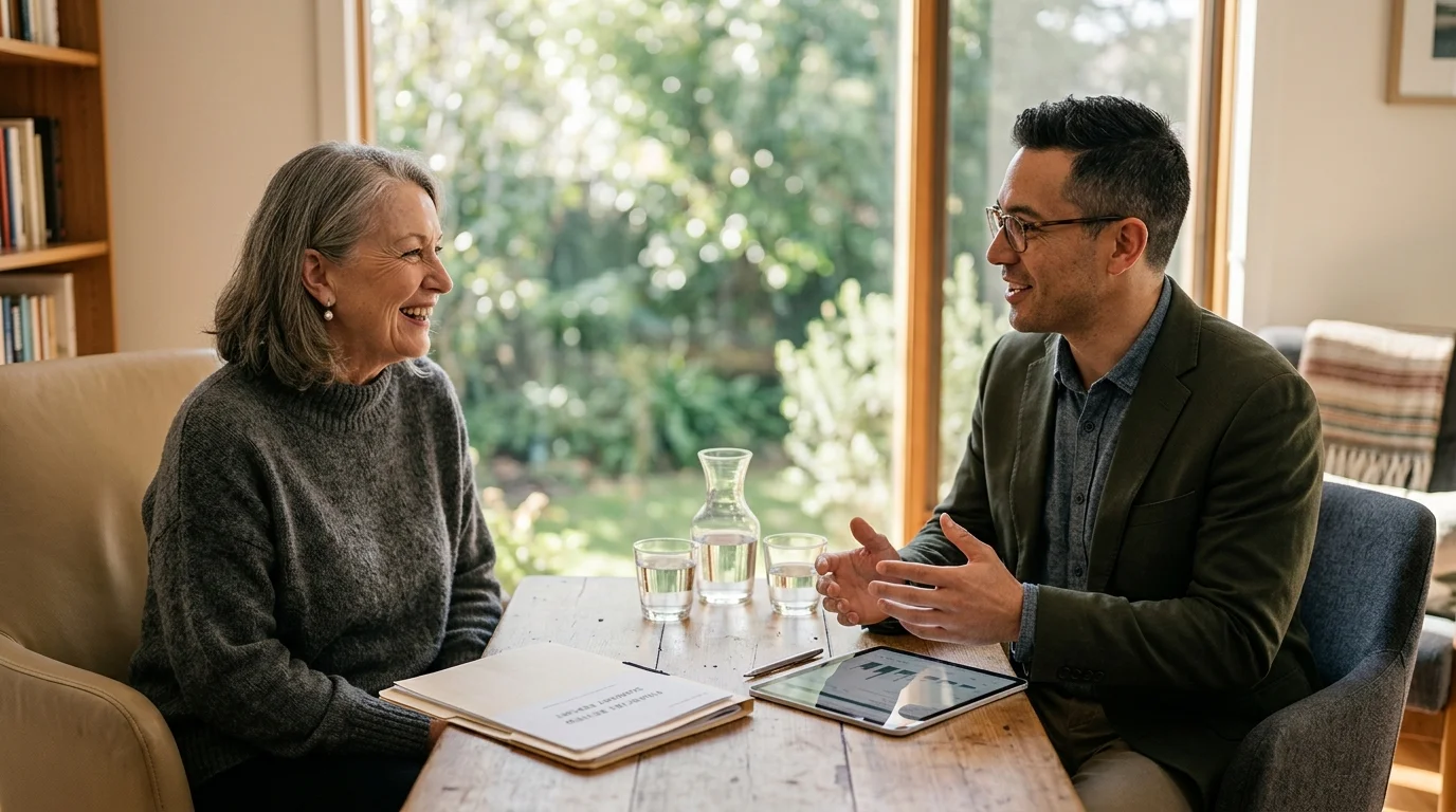 Senior woman smiling during a meeting across a wooden table with a professional advisor holding a digital tablet.