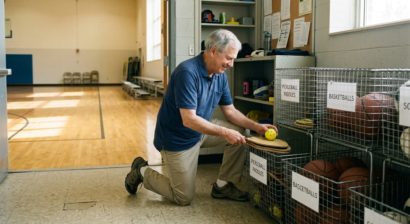 A senior man kneels beside wire sports equipment bins near a gymnasium, organizing pickleball paddles and a ball.