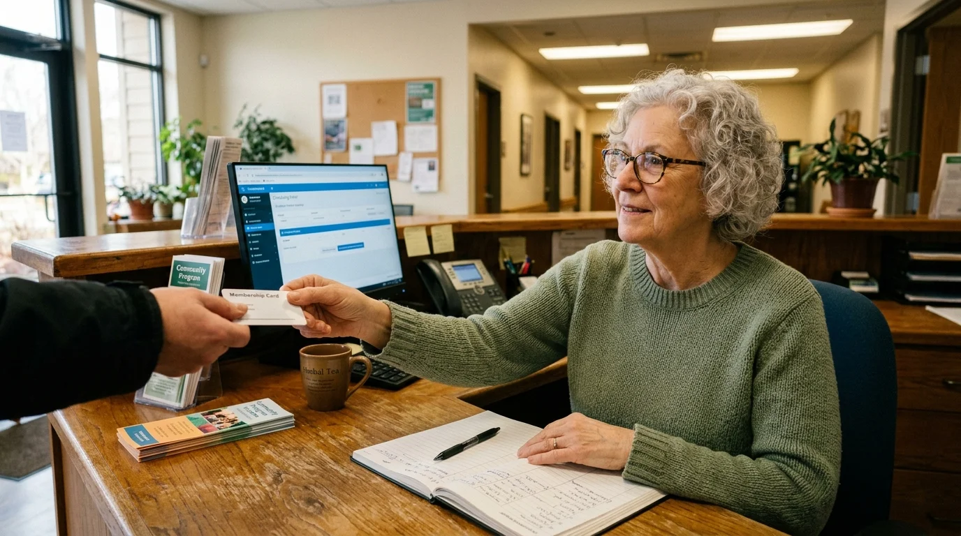 Senior woman with glasses at a wooden reception desk taking a membership card from a visitor's hand.
