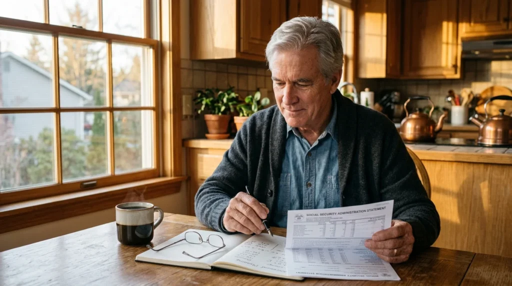 A senior man sits at a wooden table reviewing a Social Security Administration statement with a pen and notebook.