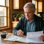 A senior man sits at a wooden table reviewing a Social Security Administration statement with a pen and notebook.