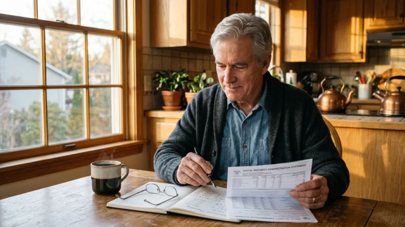 A senior man sits at a wooden table reviewing a Social Security Administration statement with a pen and notebook.
