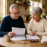 Senior couple sitting at a wooden kitchen table reviewing Medicare summary notices and financial documents.