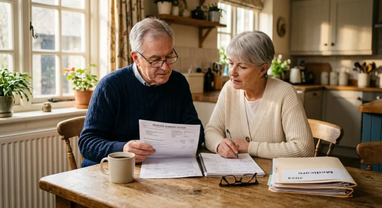 Senior couple sitting at a wooden kitchen table reviewing Medicare summary notices and financial documents.