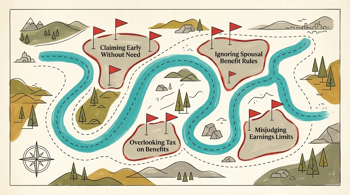Illustrated landscape map with a winding blue river, red warning flags, and labeled retirement planning pitfalls.