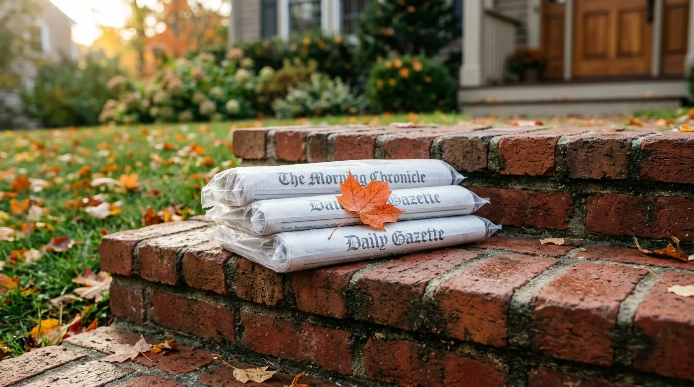 Three unread daily newspapers in plastic sleeves lie untouched on a weathered brick porch step on a crisp autumn morning.