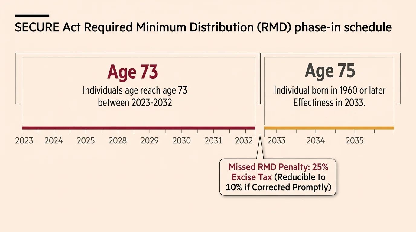 Timeline diagram of the SECURE Act RMD phase-in schedule from 2023 to 2035, comparing rules for age 73 and age 75.