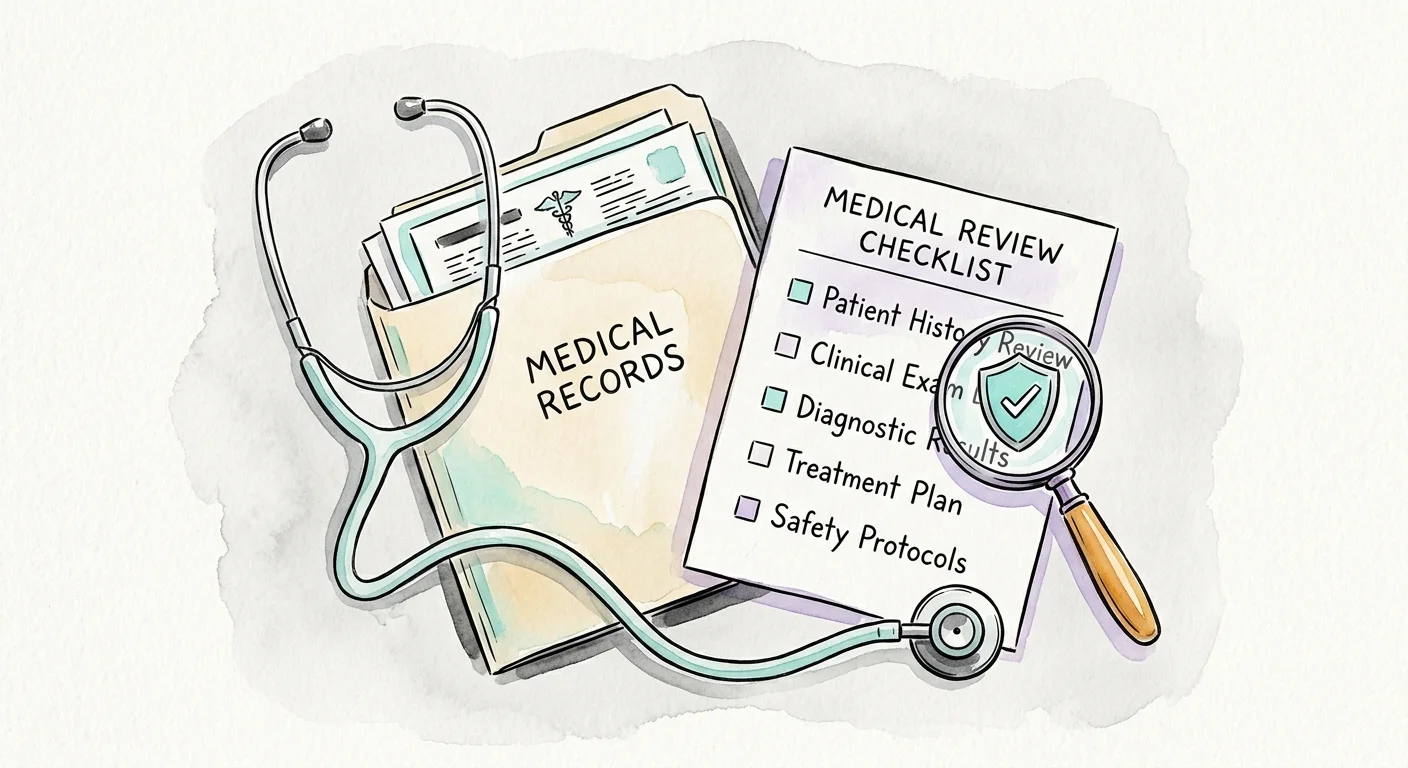 Watercolor and ink illustration of a stethoscope draped over a medical review file, representing a Continuing Disability Review.