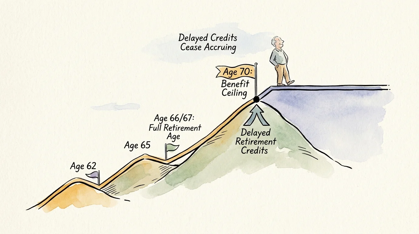 Illustration of a man reaching a flat summit labeled Age 70 Benefit Ceiling along a rising path of retirement milestone ages.