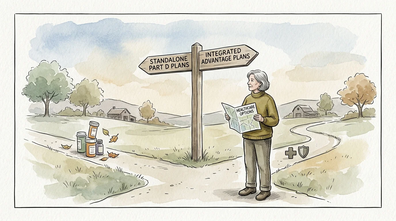 Illustration of a woman at a crossroads sign pointing toward standalone Part D plans and integrated Advantage plans.
