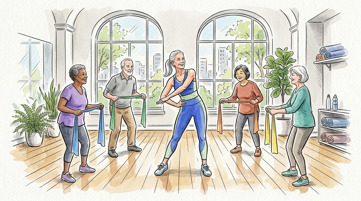 Illustration of a fitness instructor leading four older adults in a light exercise routine using resistance bands.