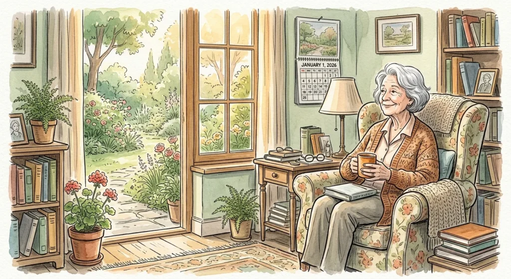 Watercolor illustration of an elderly woman sitting peacefully in her sunlit living room near an open window.