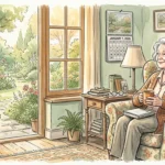 Watercolor illustration of an elderly woman sitting peacefully in her sunlit living room near an open window.
