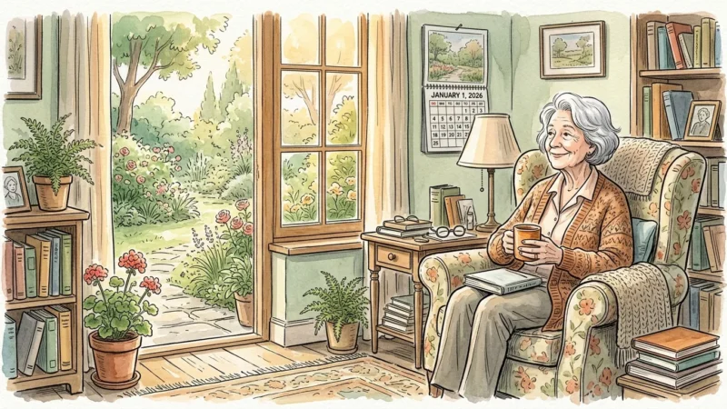 Watercolor illustration of an elderly woman sitting peacefully in her sunlit living room near an open window.